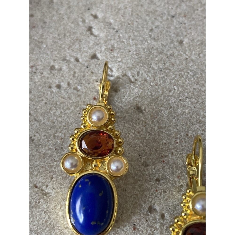 Gold Tone Cobalt Blue Dangle Earrings Cabochon Red Faux Pearl Leverback - Picture 3 of 6